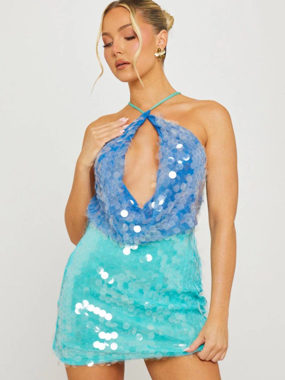 Blue & Green Ombre Sequin Halter Mini Dress
